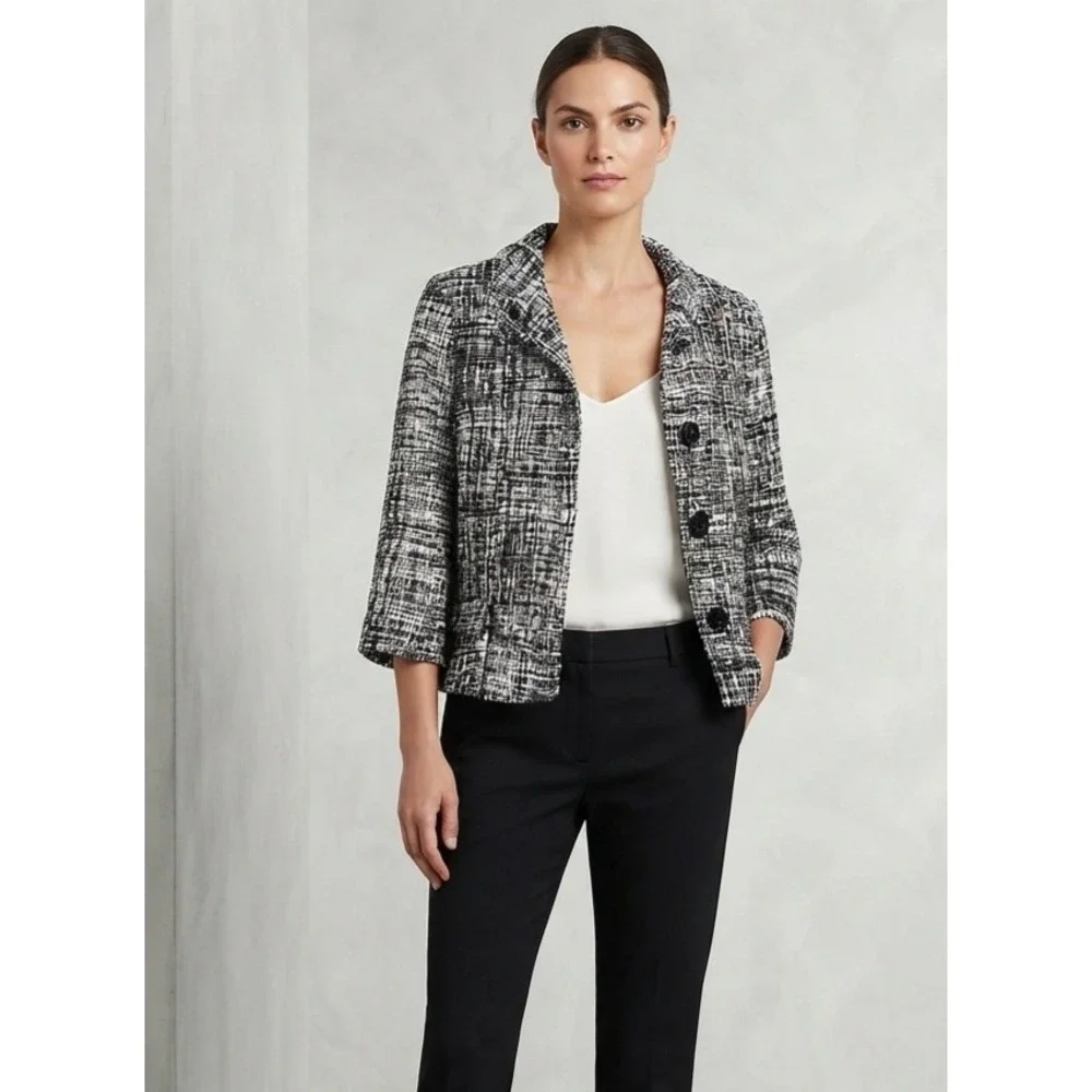 Kate Spade Black White Grid Tweed Button Front Cropped Blazer Jacket 6